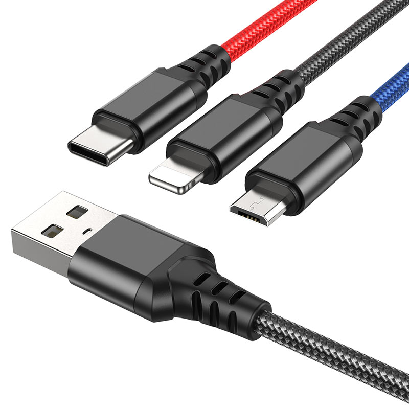 Кабель синхронізації даних HOCO X76 USB to iP+Type-C+Micro 2A, 1m Black+Red+Blue (6931474768636) - Фото 1