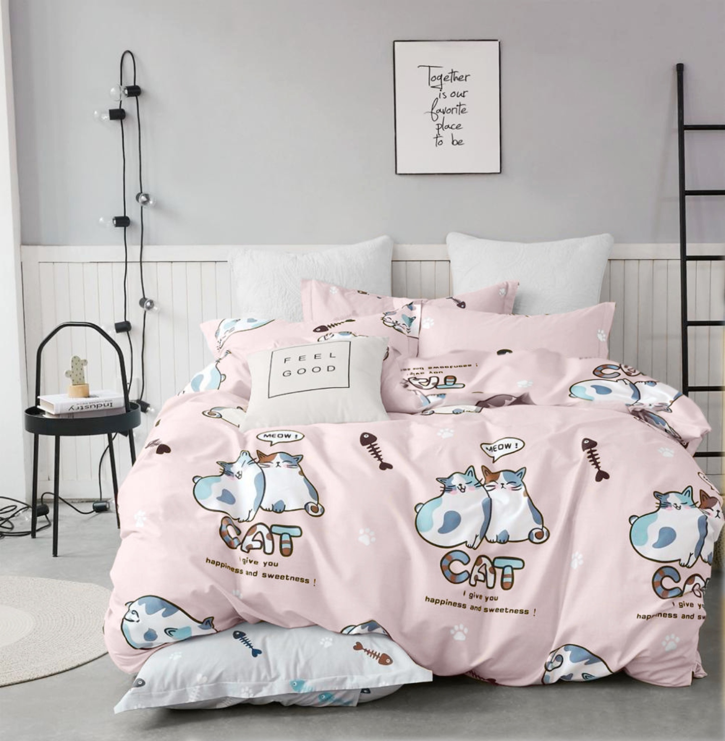 Комплект постельного белья Zastelli Cats on Pink/Fish Bone бязь 200х220 см серый (18252) - Фото 1