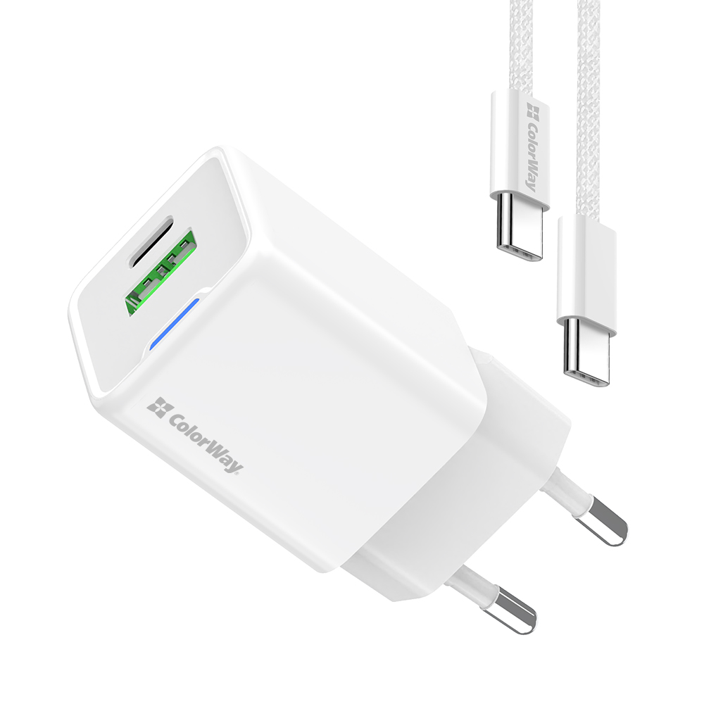 Сетевое зарядное устройство Colorway GaN Mini 20W PD Port PPS USB (Type-C PD + USB QC4.0) cable Type-C (CW-CHS062PDC-WT) - Фото 1