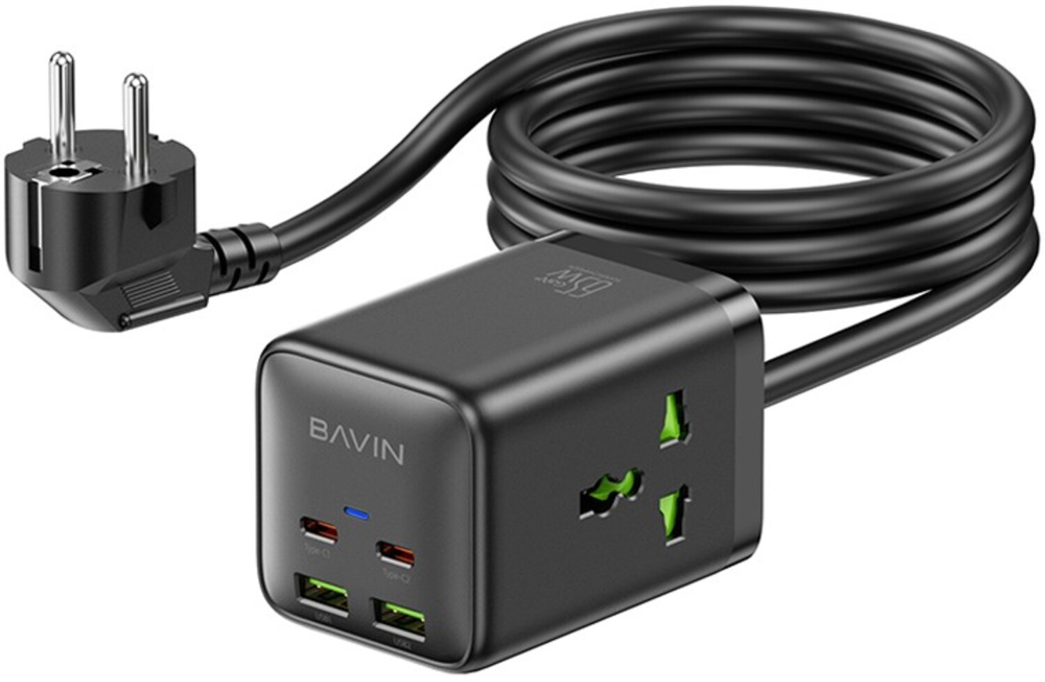 Мережевий зарядний пристрій Bavin PC2026Y 65W GaN Super Quick Charger QC4.0 + 2 PD3.0 Type-C + 2 USB-A 3A PPS + 2 AC 250V 2500W 1.5M Black (C-S-PC2026Y BK) - Фото 1