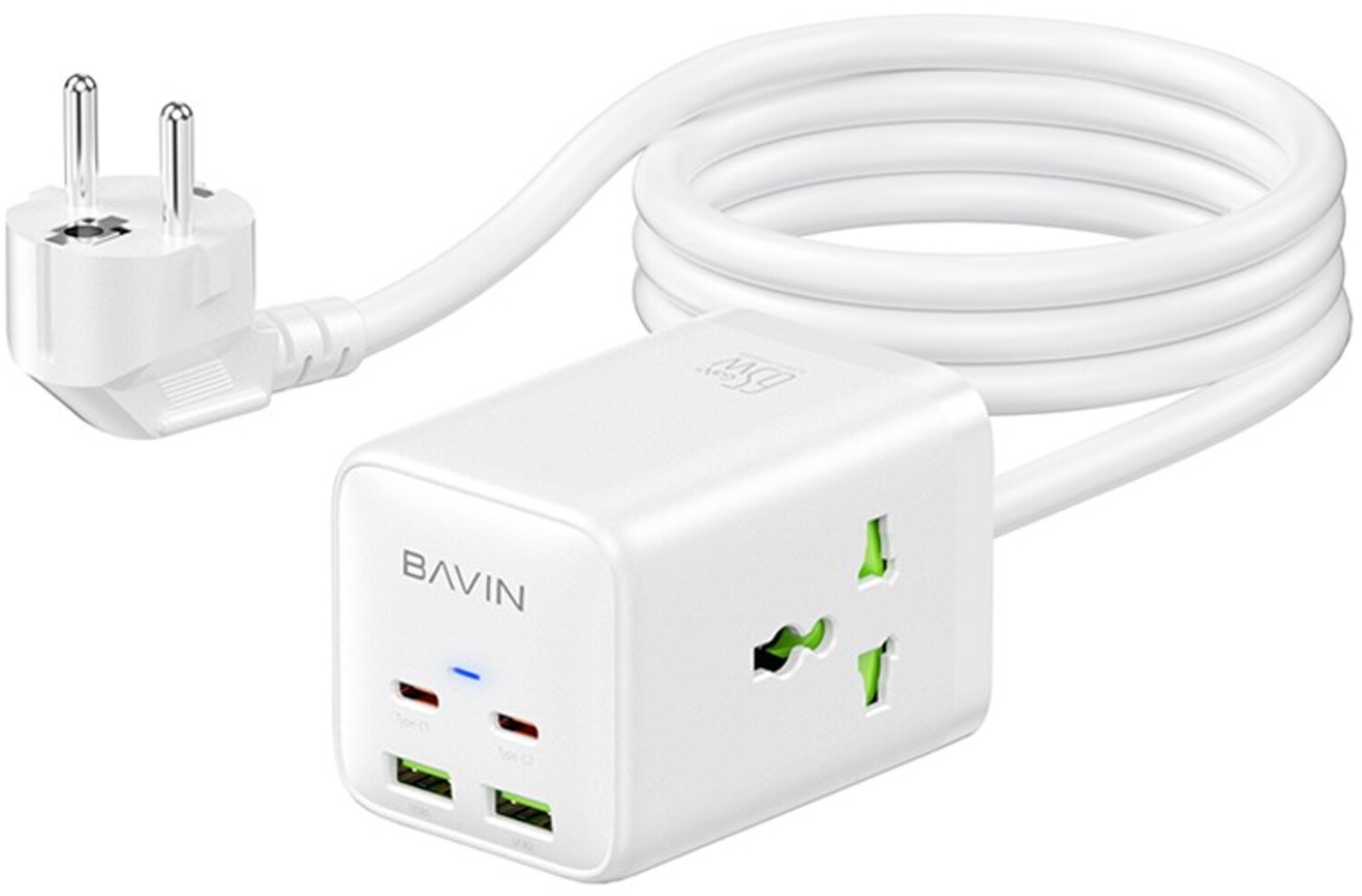 Мережевий зарядний пристрій Bavin PC2026Y 65W GaN Super Quick Charger QC4.0 + 2 PD3.0 Type-C + 2 USB-A 3A PPS + 2 AC 250V 2500W 1.5M White (C-S-PC2026Y WH) - Фото 1
