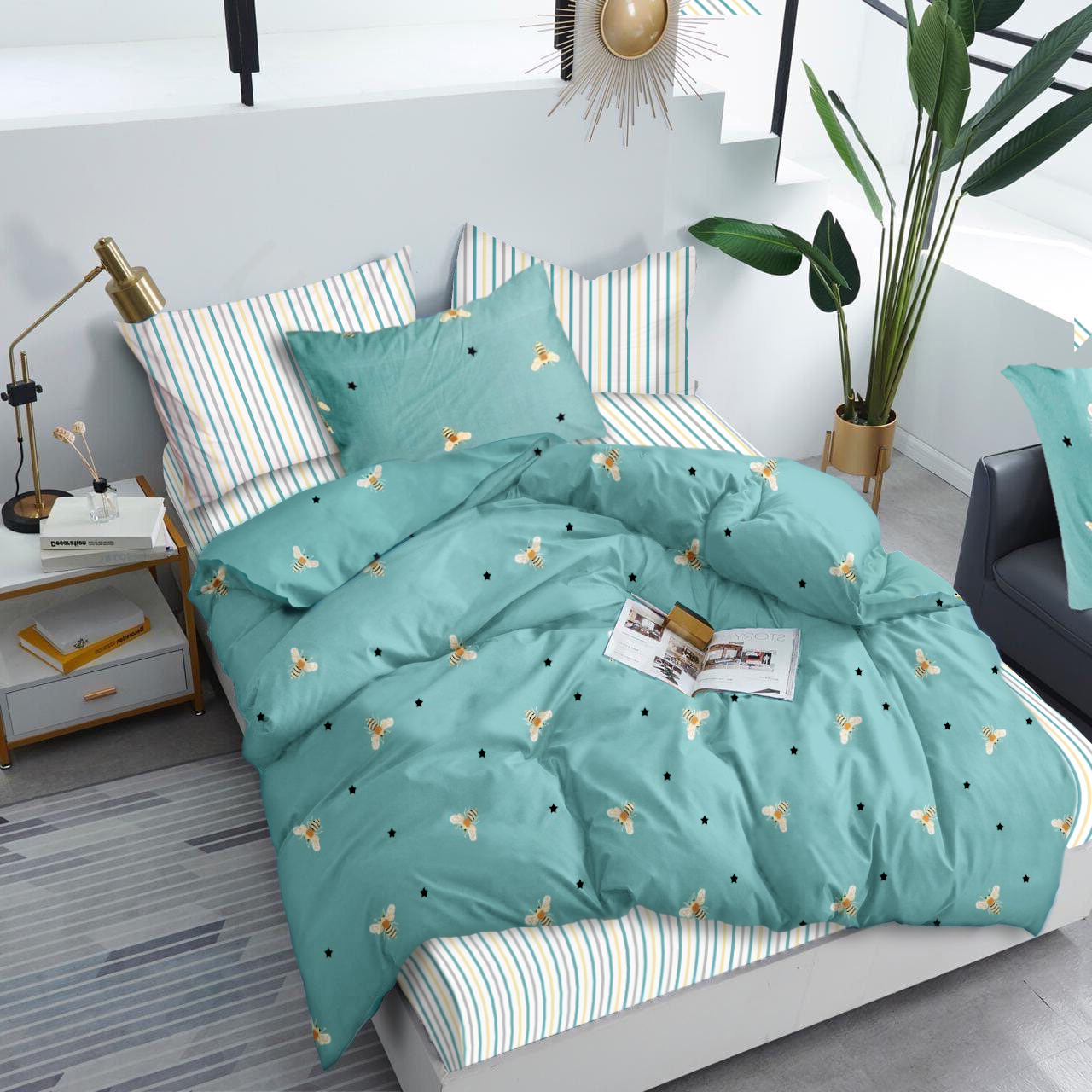Комплект постільної білизни Zastelli Бджілки BEES/CLOUDS FOR BEES бязь 175х210 Зелений (18254) - Фото 1