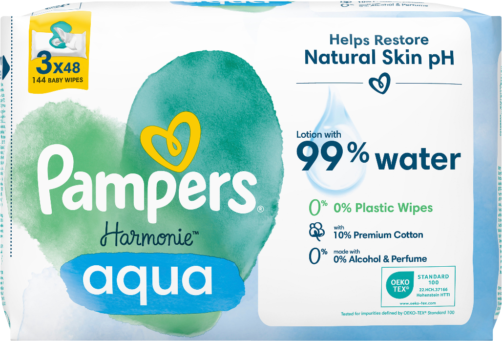 Вологі серветки для немовлят Pampers Harmonie Aqua, 144 шт. (3*48 шт) (80816903) - Фото 1