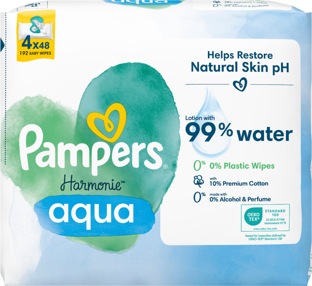 Влажные салфетки для грудничков Pampers Harmonie Aqua, 192 шт. (4*48 шт) (80816912) - Фото 1