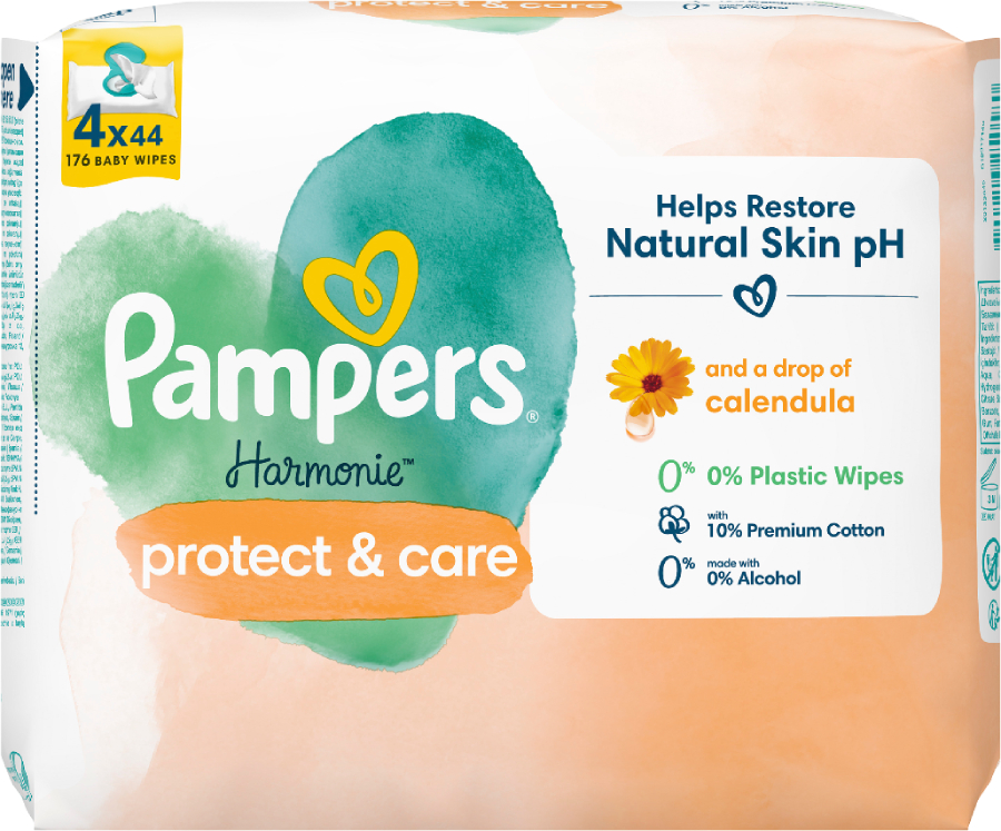 Влажные салфетки для грудничков Pampers Harmonie Protect&Care с календулой, 176 шт. (4*44 шт) (80814644) - Фото 1