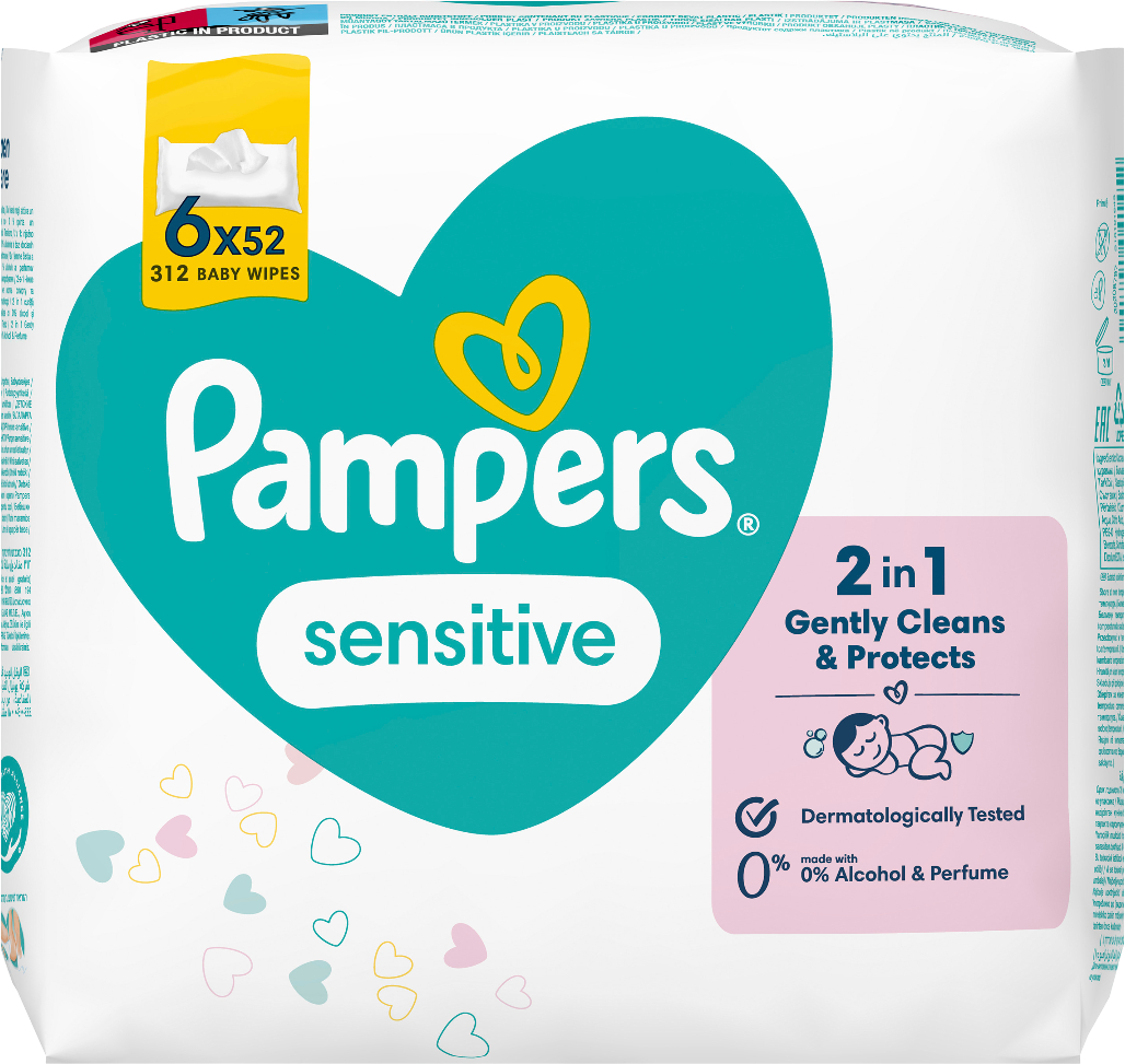 Влажные салфетки для грудничков Pampers Sensitive, 312 шт. (6*52 шт) (80777992) - Фото 1