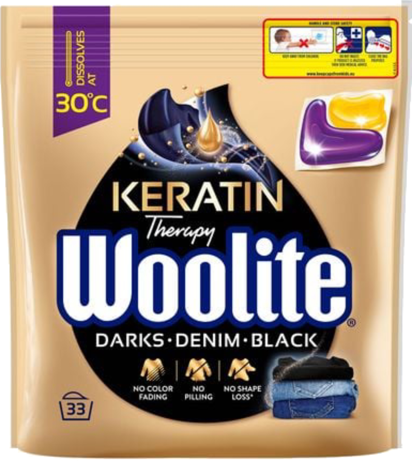 Капсулы для стирки Woolite Для черных и джинсовых тканей с кератином 33 шт. - Фото 1
