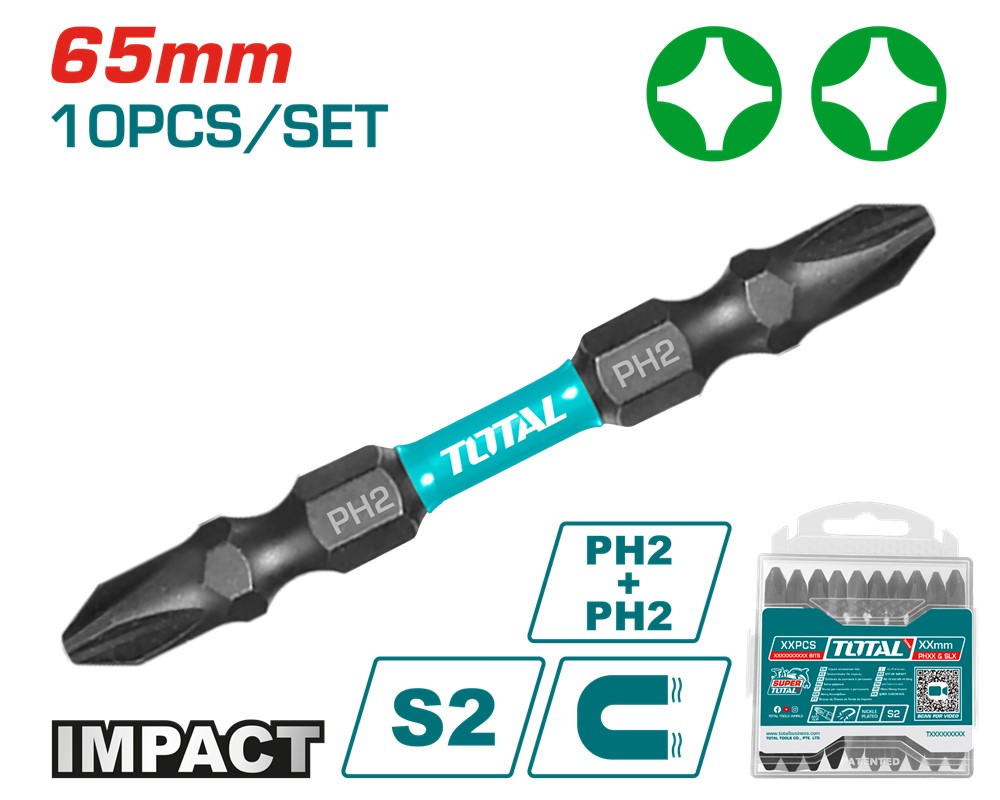 Біта для викрутки Total PH2+PH2 65 мм 10 шт. (TACIM16PH233) - Фото 1
