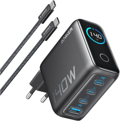 Сетевое зарядное устройство Anker Laptop GaN Charger 140W, 3xUSB-C PD3.1 & 1xUSB-A w Display and Cable Black (B2697GZ1) - Фото 1