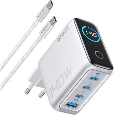 Сетевое зарядное устройство Anker Laptop GaN Charger 140W, 3xUSB-C PD3.1 & 1xUSB-A w Display and Cable (Silver) (B2697G41) - Фото 1