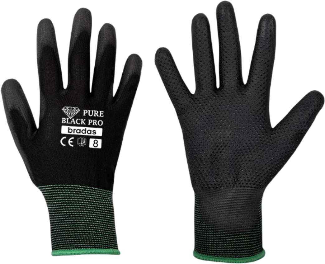 Рукавички садові BRADAS Pure Black Pro з ПУ-покриттям розмір 8 12 пар Чорні (RWPBCP8) - Фото 1