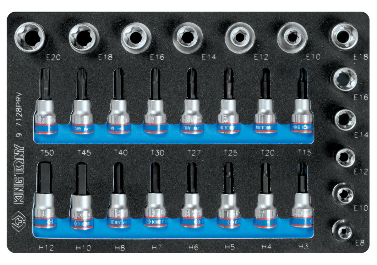 Набор торцевых головок KING TONY 1/2"&3/8" TORX HEX Е6-Е20 28 шт. (9-7128PRV) - Фото 1