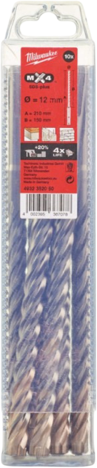 Бур Milwaukee SDS-PLUS MX4 12,0х210х150 мм 10 шт. (4932352050) - Фото 1