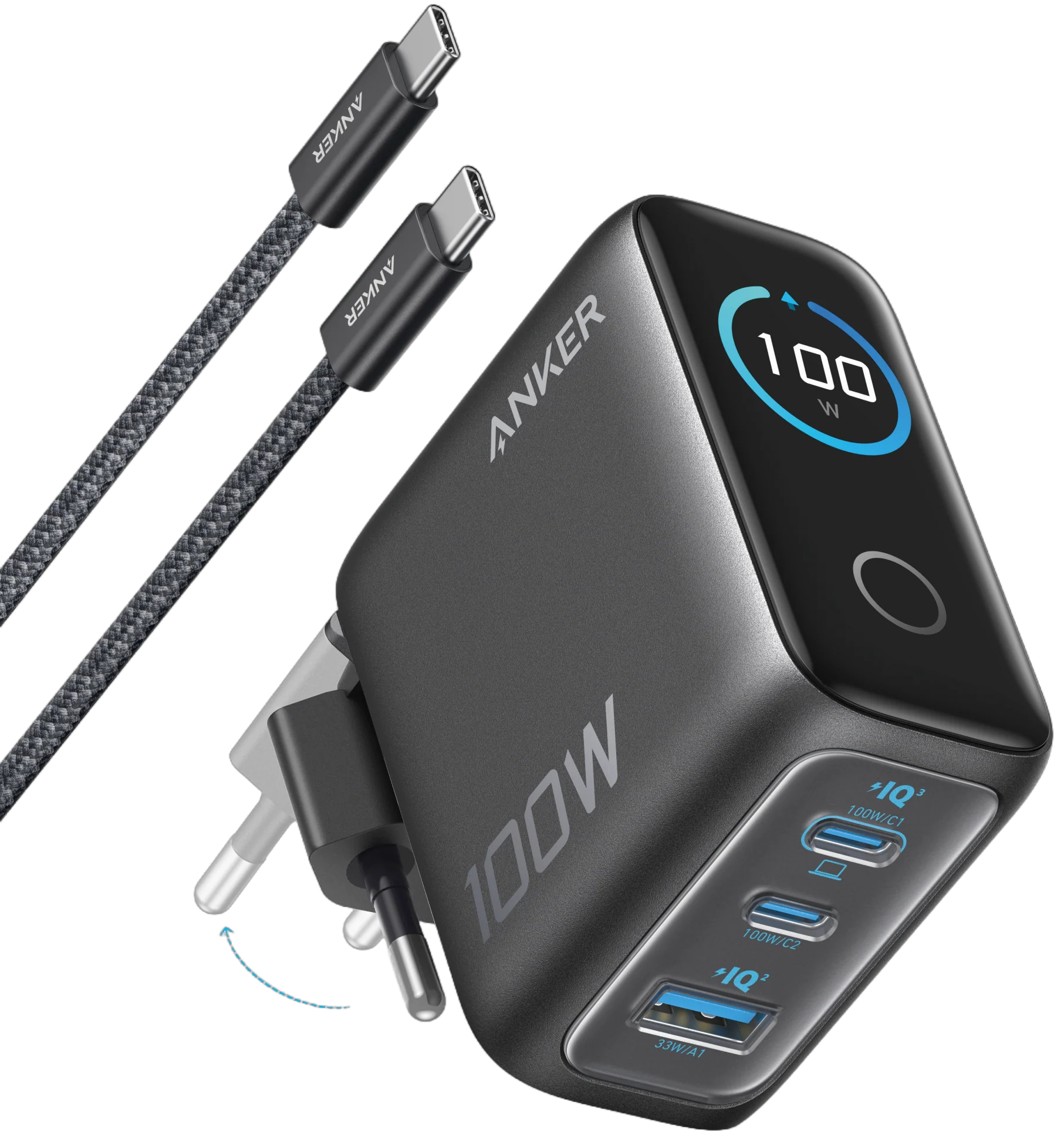 Мережевий зарядний пристрій Anker GaN Charger 100W, 2xUSB-C PD & 1xUSB-A w Display and Cable Dark Gray (B121BGZ1) - Фото 1