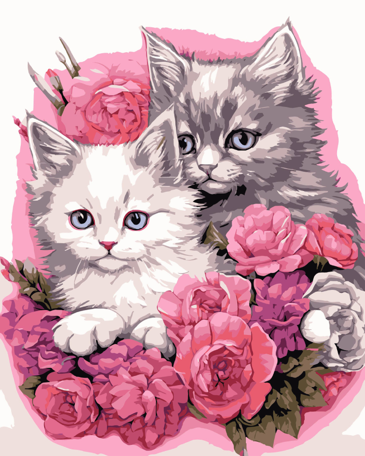 Картина за номерами Strateg Кошенята в квітах на чорному фоні 40х50 см (AH1189-16) - Фото 1