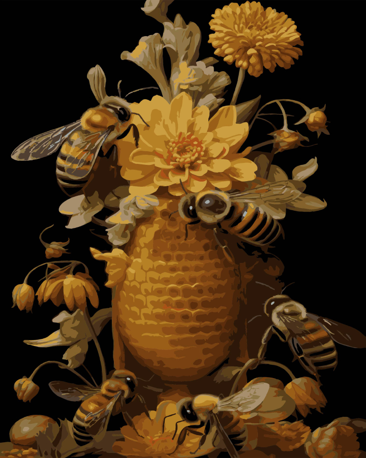 Картина за номерами Strateg Бджоли та квіти на чорному фоні 40х50 см (AH1194-16) - Фото 1