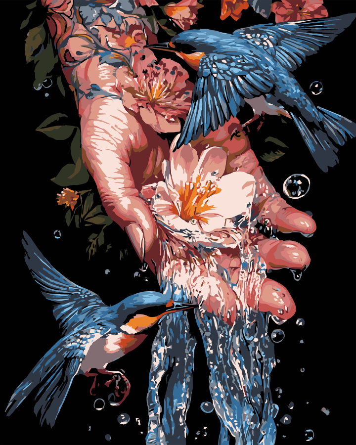 Картина за номерами Strateg Сині птахи на чорному фоні 40х50 см (AH1204-17) - Фото 1