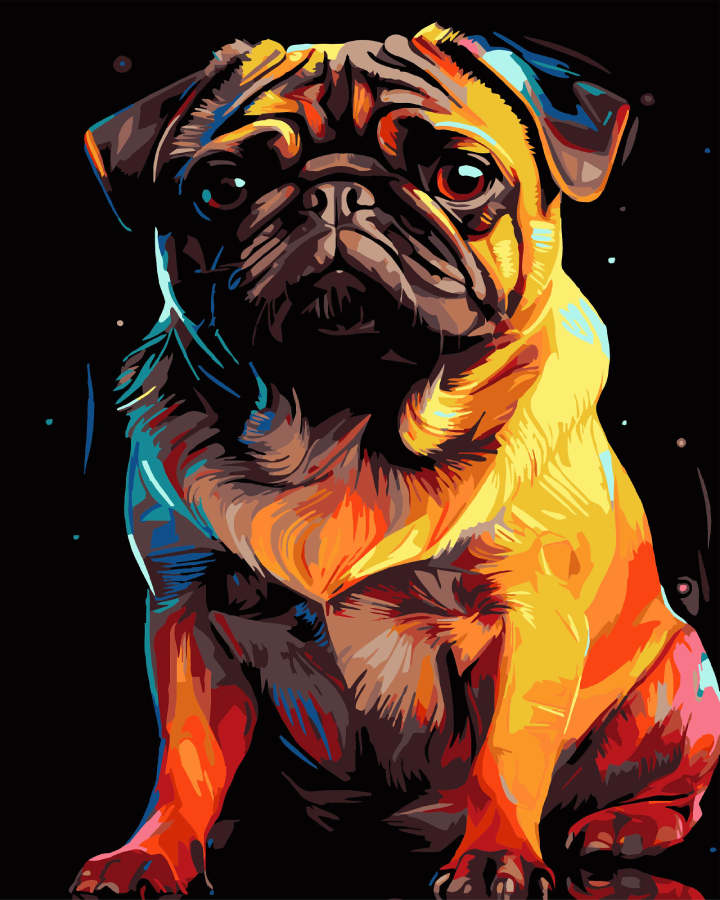 Картина за номерами Strateg Яскравий мопс на чорному фоні 40х50 см (AH1223-19) - Фото 1