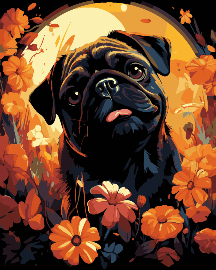 Картина за номерами Strateg Мопс у квітах на чорному фоні 40х50 см (AH1228-18) - Фото 1