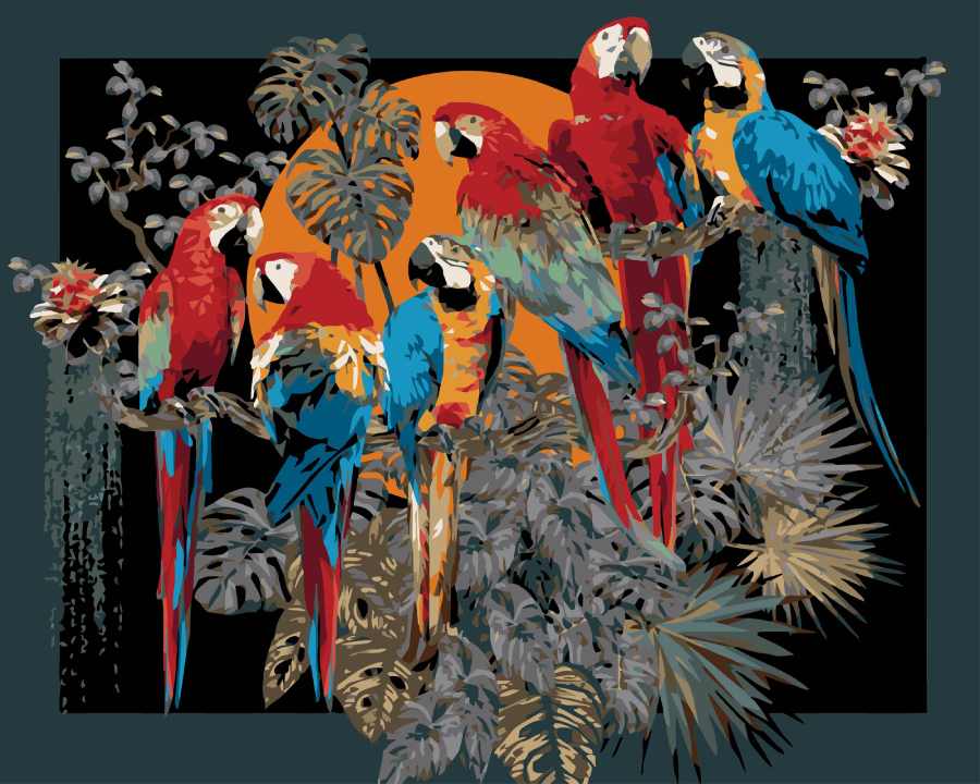 Картина за номерами Strateg Зграя папуг на чорному фоні 40х50 см (AH1230-19) - Фото 1