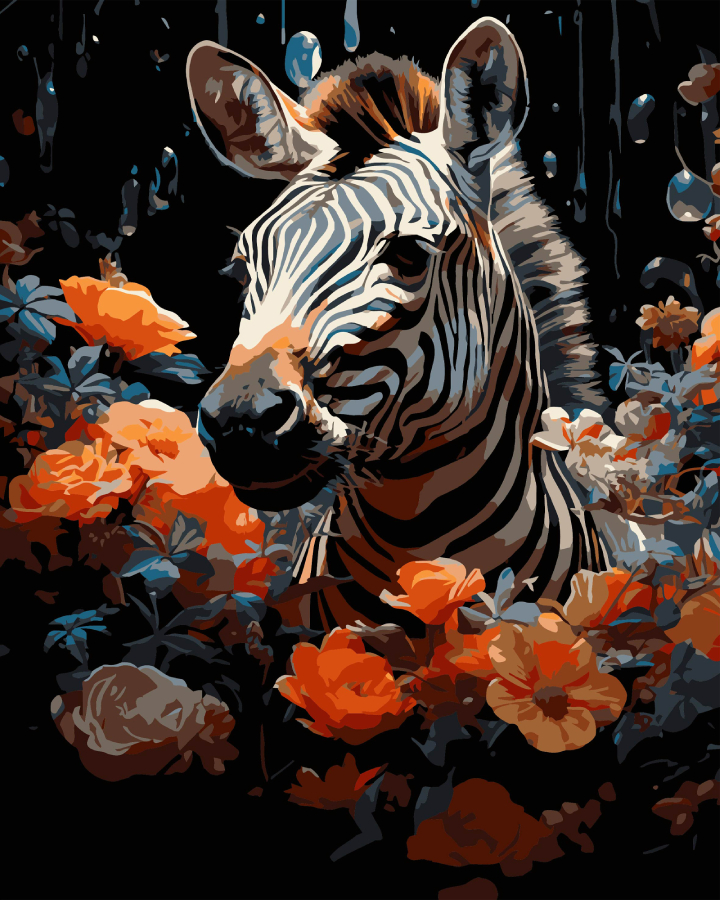 Картина за номерами Strateg Зебра у квітах на чорному фоні 40х50 см (AH1231-17) - Фото 1
