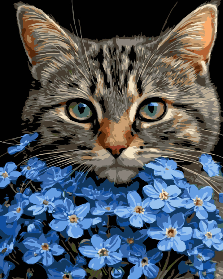 Картина за номерами Strateg Кіт серед блакитних квітів 40х50 (AH1273) - Фото 1