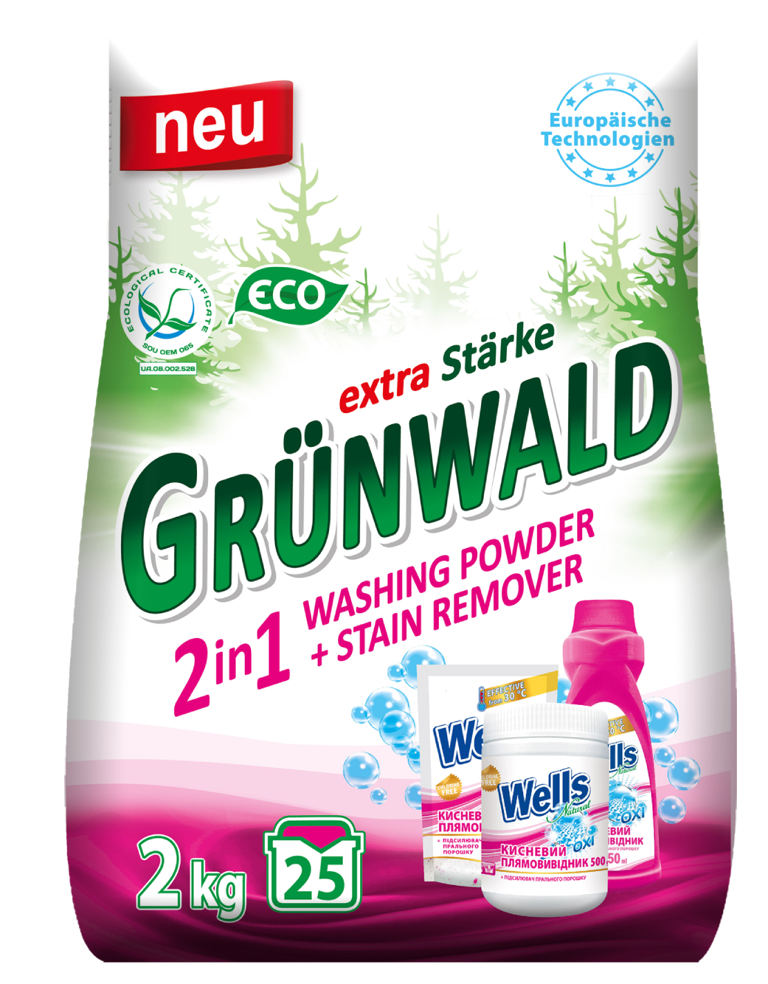 Стиральный порошок GRUNWALD универсальный бесфосфатный 2in1, 2 кг - Фото 1