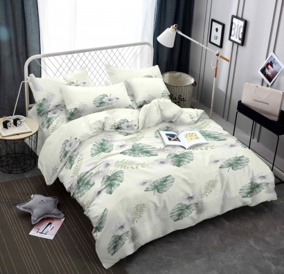 Комплект постельного белья Zastelli Зеленые листья JH9899-10 жатка 2х145х210 белый (20368) - Фото 1
