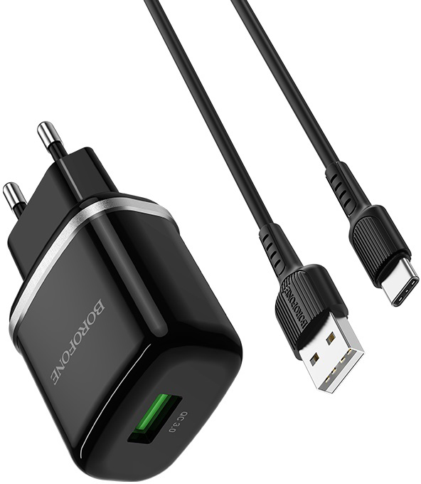 Сетевое зарядное устройство BOROFONE BA36A High speed single port QC3.0 charger set 18W Type-C Black (6931474716002) - Фото 1