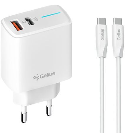 Сетевое зарядное устройство Gelius Radiance GP-HC058 1Type-C + 1USB-A PD/QC3.0/PPS/Super VOOC 25 W + кабель Gelius One Type-C to Type-C White (101222) - Фото 1