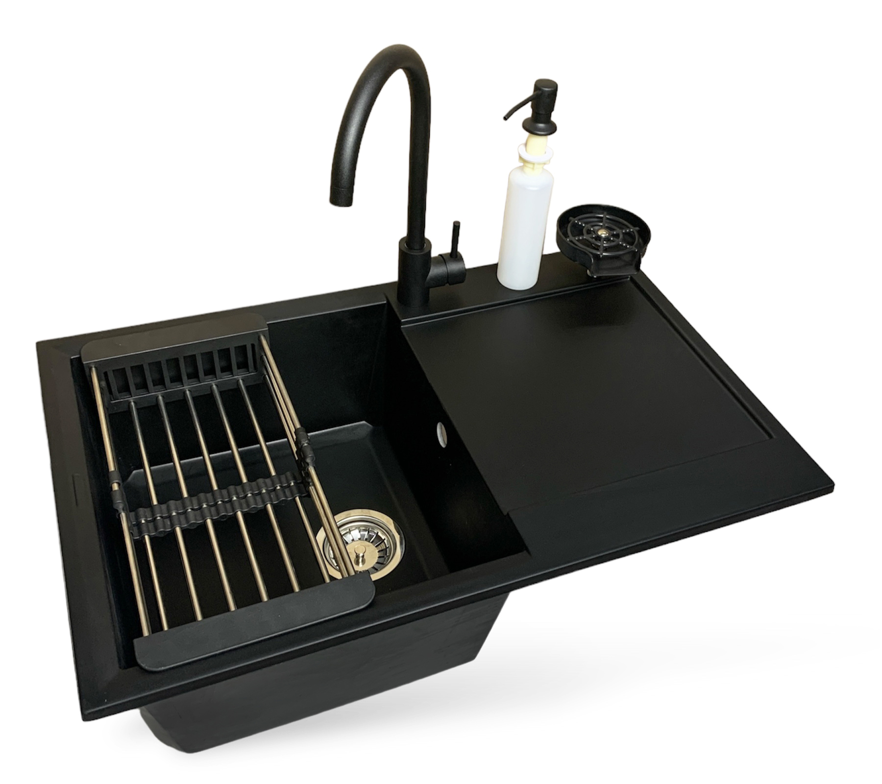 Купить Мойка кухонная+смеситель+дозатор Adamant Horizon антрацит + ополаскиватель стаканов + колландер (4824296106315) - Фото 1 Мойка кухонная+смеситель+дозатор Adamant Horizon антрацит + ополаскиватель стаканов + колландер (4824296106315) - Фото 1