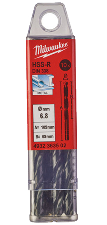 Сверло Milwaukee HSS-R DIN338 6,8х109х69 мм 10 шт. (4932363502) - Фото 1