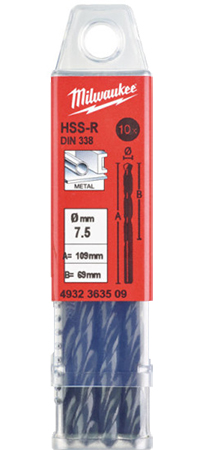 Купить Сверло Milwaukee HSS-R DIN338 7,5х109х69 мм 10 шт. (4932363509) - Фото 1 Сверло Milwaukee HSS-R DIN338 7,5х109х69 мм 10 шт. (4932363509) - Фото 1