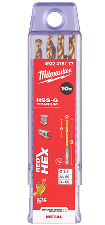 Сверло Milwaukee RedHEX SHOCKWAVE HSS-TiN 3,5х69х25 мм 10 шт. (4932478177) - Фото 1