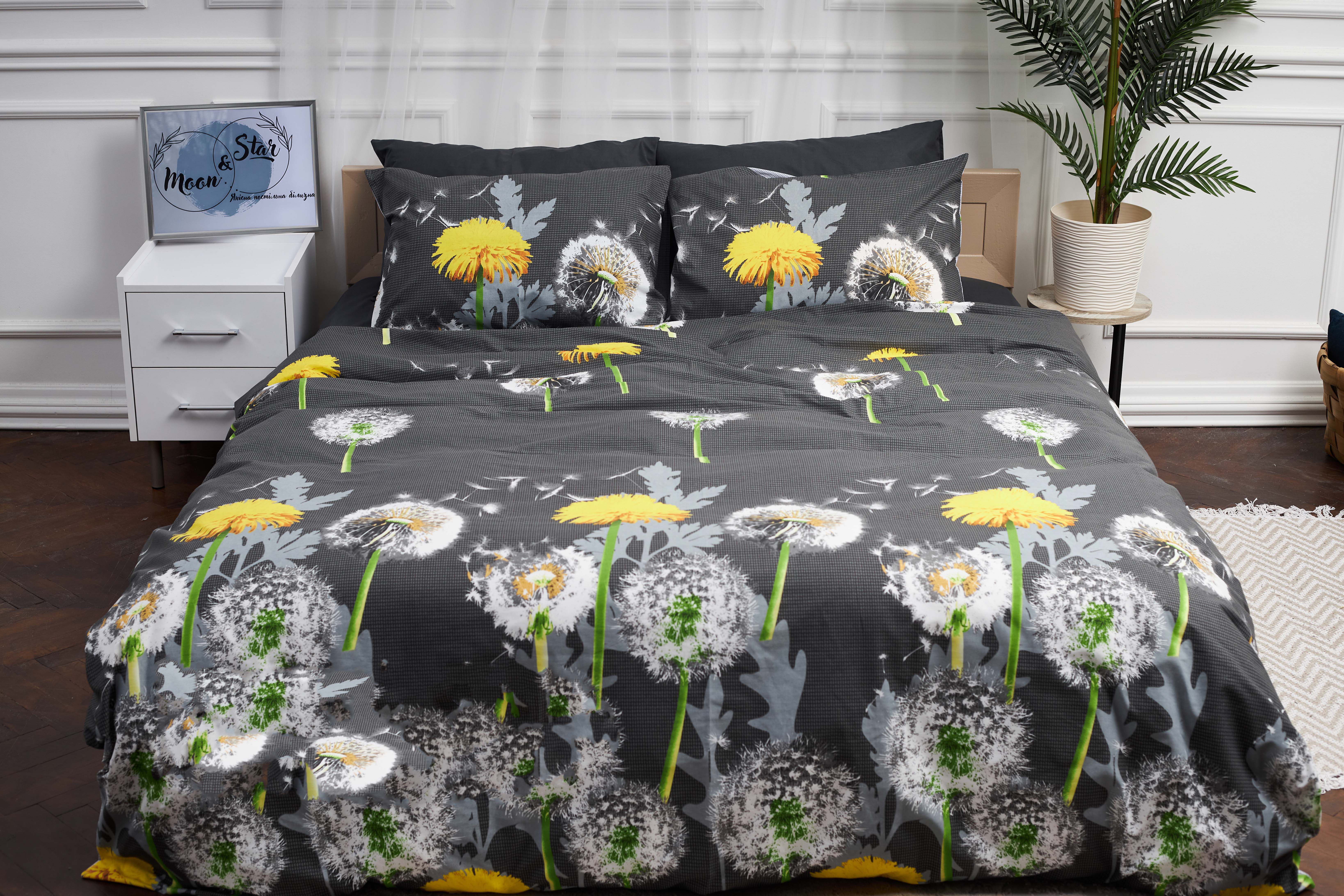 Комплект постельного белья Moon&Star 160х220 наволочки 4х50х70 Dandelion Black Бязь Gold Люкс (MS-820000928) - Фото 1