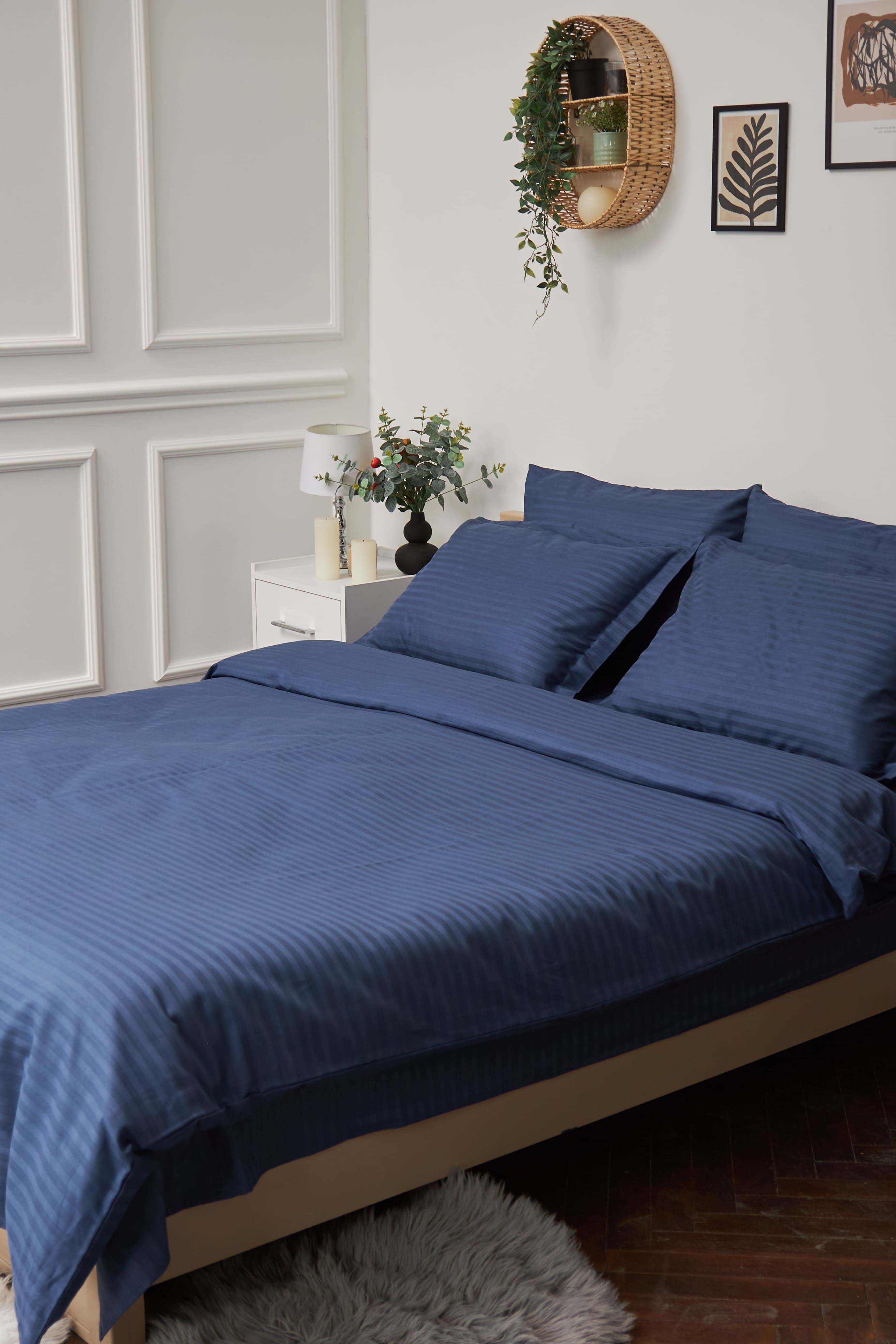 Комплект постельного белья Moon&Star 160х220 наволочки 4х70х70 Delfi Blue Satin Stripe (MS-820000514) - Фото 1