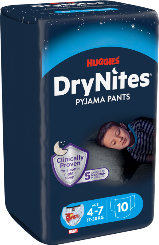 Одноразовые подгузники-трусики Huggies DryNites мальчик 4-7 лет (17-30 кг), 10 шт. (5029053527574) - Фото 1