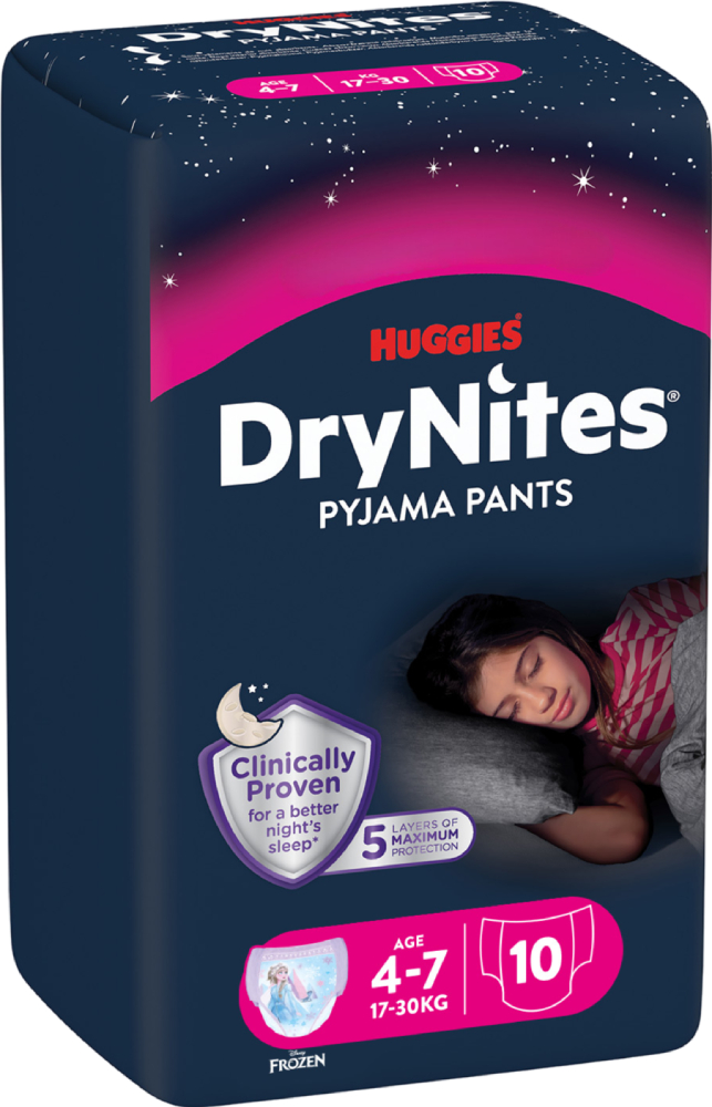 Одноразовые подгузники-трусики Huggies DryNites девочка 4-7 лет (17-30 кг), 10 шт. (5029053527581) - Фото 1