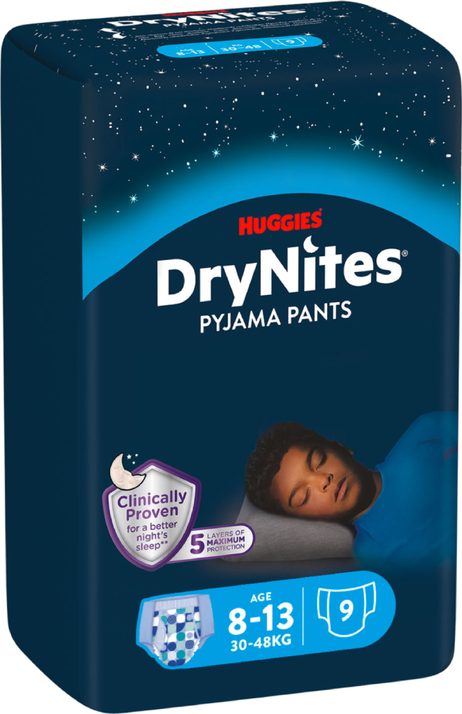 Одноразовые подгузники-трусики Huggies DryNites мальчик 8-13 лет (30-48 кг), 9 шт. (5029053527598) - Фото 1