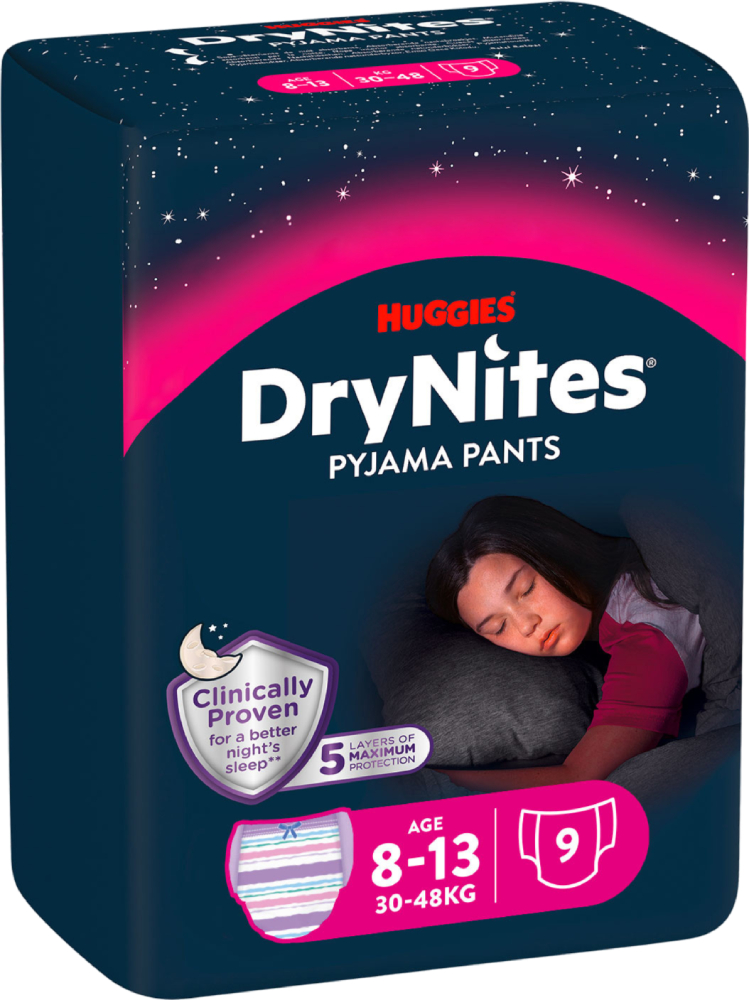 Одноразовые подгузники-трусики Huggies DryNites девочка 8-13 лет (30-48 кг), 9 шт. (5029053527604) - Фото 1