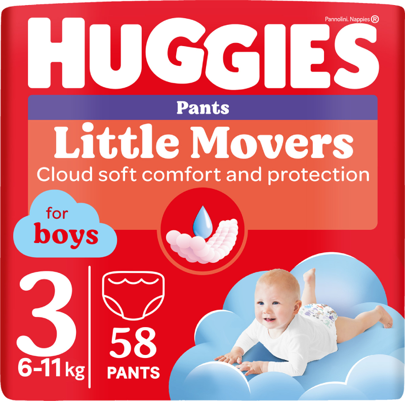 Одноразовые подгузники-трусики Huggies Little Movers Размер 3 (6-11 кг) для мальчиков, 58 шт. (5029053547473) - Фото 1