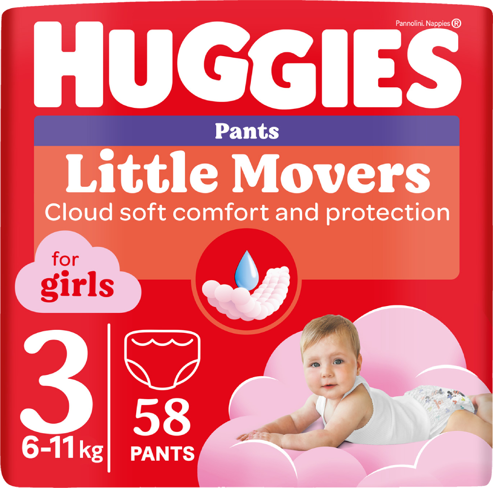 Одноразовые подгузники-трусики Huggies Little Movers Размер 3 (6-11 кг) для девочек, 58 шт. (5029053547480) - Фото 1