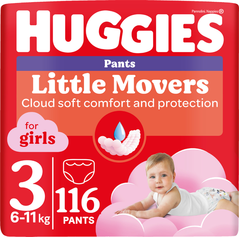 Одноразовые подгузники-трусики Huggies Little Movers Размер 3 (6-11 кг) для девочек, 116 шт. (5029054568033) - Фото 1