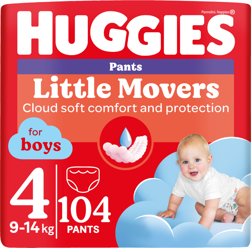 Одноразовые подгузники-трусики Huggies Little Movers Размер 4 (9-14 кг) для мальчиков, 104 шт. (5029054568088) - Фото 1