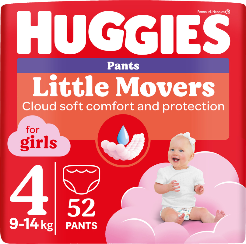 Одноразовые подгузники-трусики Huggies Little Movers Размер 4 (9-14 кг) для девочек, 52 шт. (5029053547541) - Фото 1