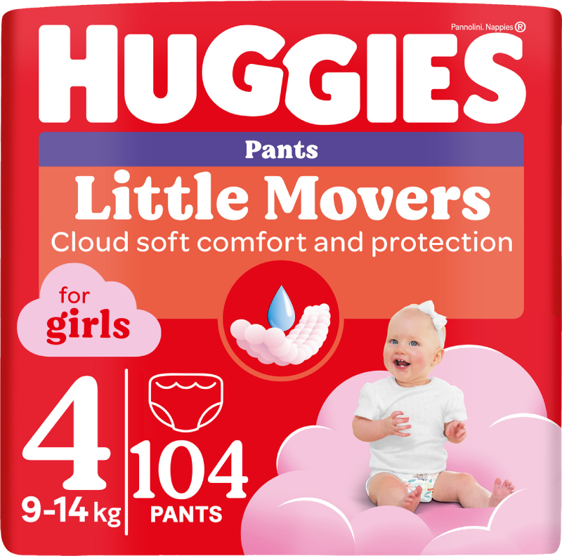 Одноразовые подгузники-трусики Huggies Little Movers Размер 4 (9-14 кг) для девочек, 104 шт. (5029054568095) - Фото 1
