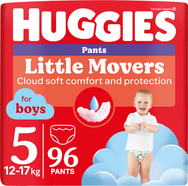 Одноразовые подгузники-трусики Huggies Little Movers Размер 5 (12-17 кг) для мальчиков, 96 шт. (5029054568163) - Фото 1