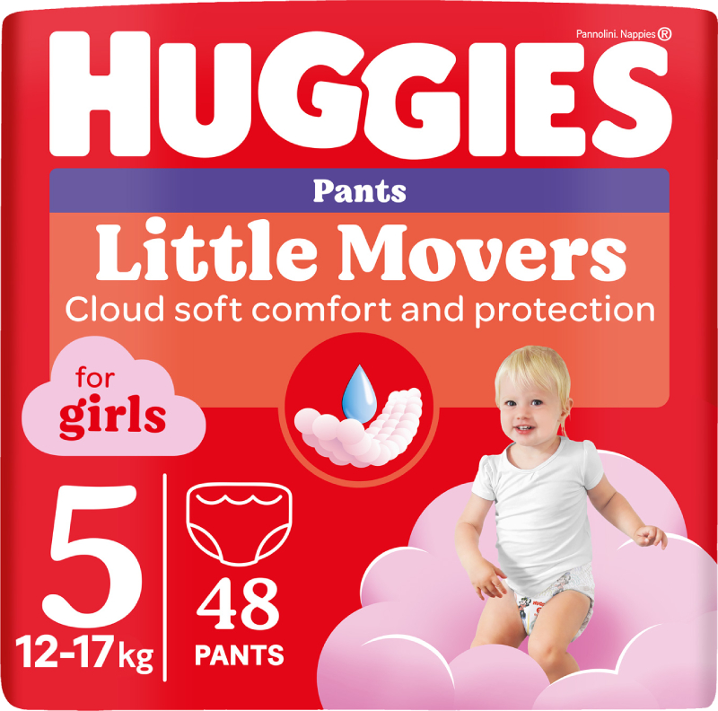 Одноразовые подгузники-трусики Huggies Little Movers Размер 5 (12-17 кг) для девочек, 48 шт. (5029053547626) - Фото 1