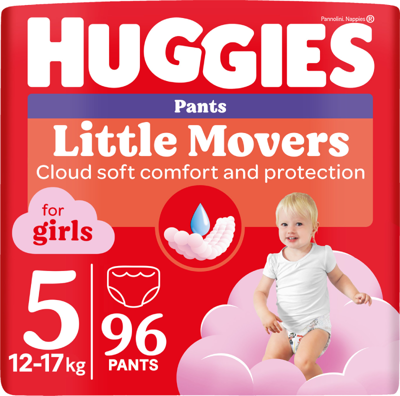 Одноразовые подгузники-трусики Huggies Little Movers Размер 5 (12-17 кг) для девочек, 96 шт. (5029054568170) - Фото 1