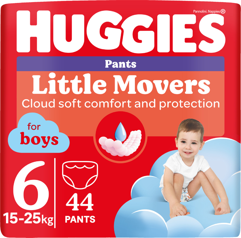 Одноразовые подгузники-трусики Huggies Little Movers Размер 6 (15-25 кг) для мальчиков, 44 шт. (5029053547657) - Фото 1